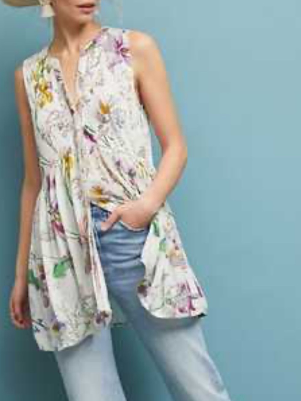 Anthropologie White Floral Nia Tunic Ladder Stitch Accent Size Small